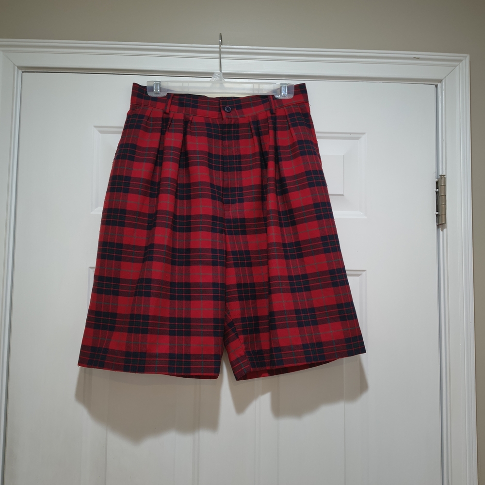Vintage Ambitions Wool Red Tartan Plaid High Rise Pleated Shorts Size 14